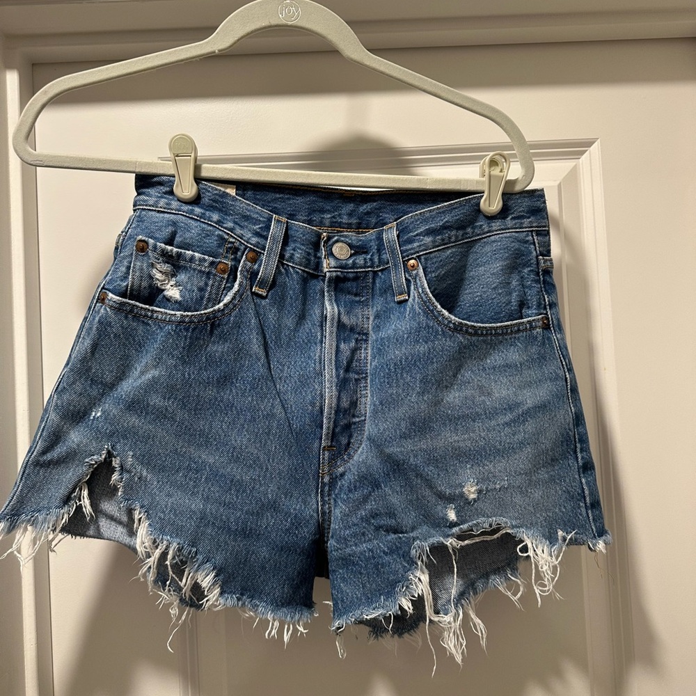 Levi’s Blue High-Waisted Jean Shorts with Frayed Hem